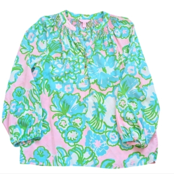 Lilly Pulitzer Silk Green Floral Pink Top Medium - Picture 2 of 9